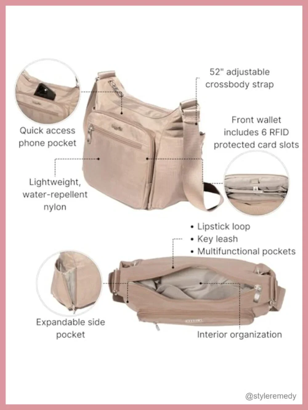 Hobo Crossbody Bag RFIDs Protected Nylon Adjustable Strap w/ Pockets